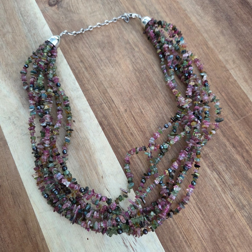 Jay King DTR .925 Silver Pink Green Tourmaline Chip Bead 8 Strand Necklace